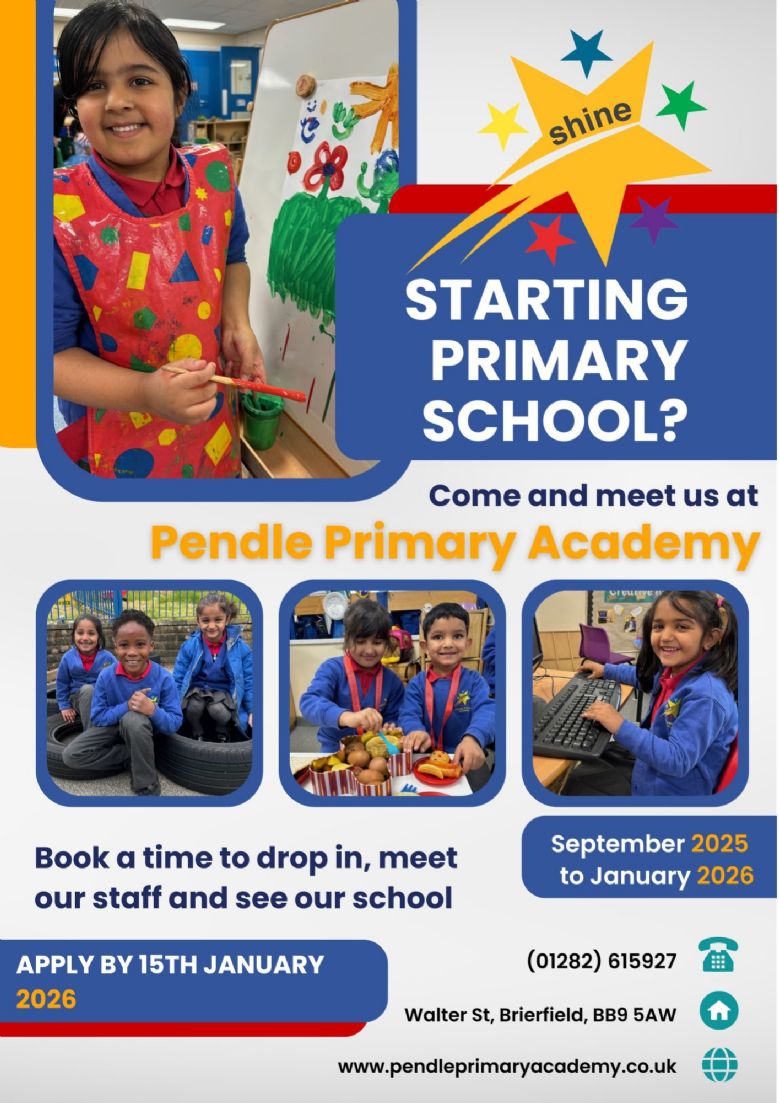 Poster advertising Pendle Primary's drop in open event sessions